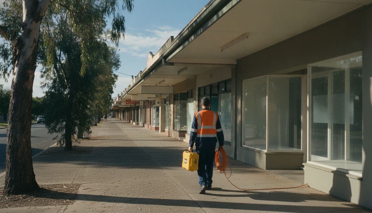 A test and tag technician in a hi-vis vest, seen from behind, carrying a yellow tester case and an orange extension lead past a row of small suburban shopfronts lined with gum trees