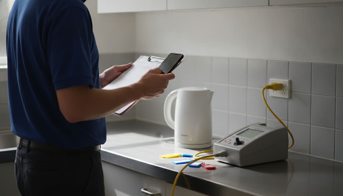 A test and tag technician checking a clipboard and phone beside a portable appliance tester, a kettle and coloured test tags on an office kitchen bench