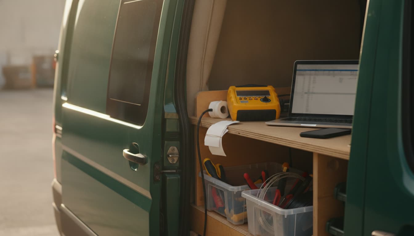 A test and tag van with its side door open, a portable appliance tester, a roll of test tags and a laptop on the shelf
