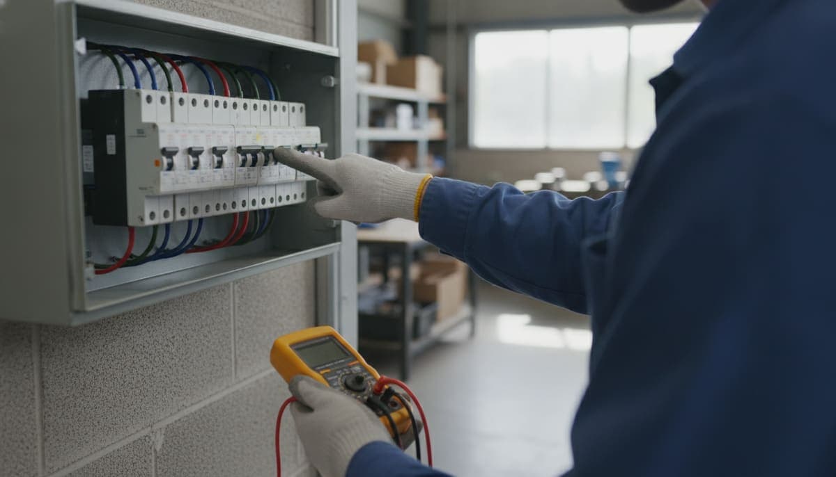 A gloved technician reaching for a row of safety switches in an open workshop switchboard while holding a handheld electrical tester
