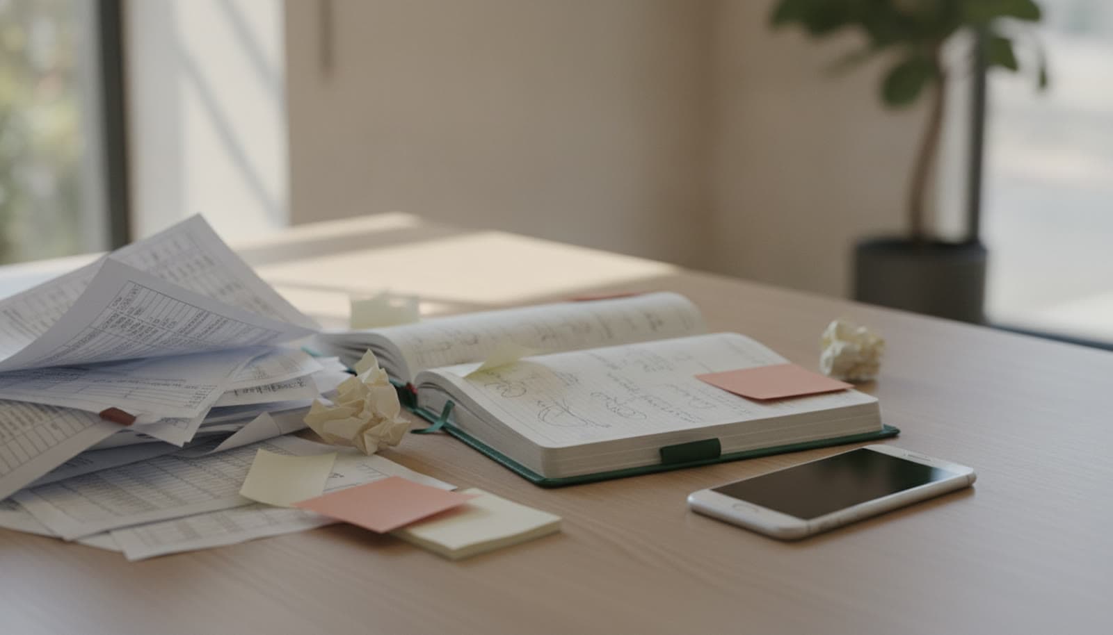 A desk with printed spreadsheets and a paper diary next to a smartphone