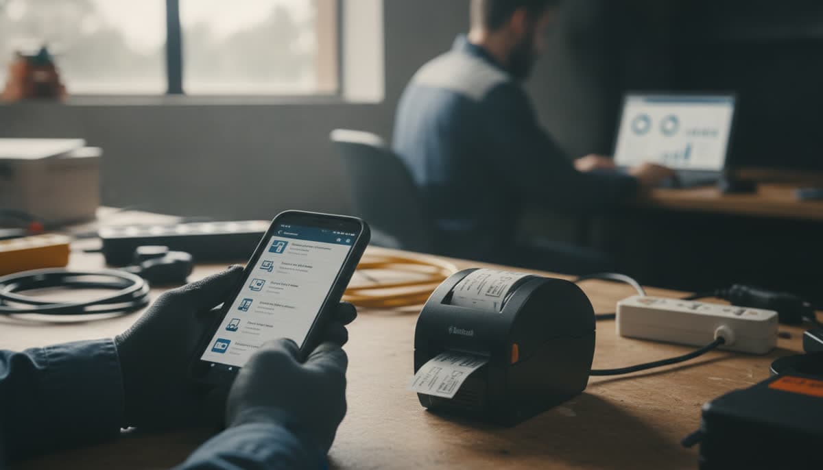 A technician holding an Android phone next to a Bluetooth label printer printing a test tag, with a colleague at a laptop in the background