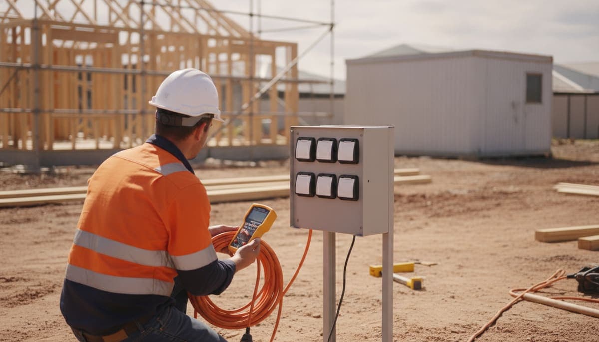 A technician in a hi-vis shirt and hard hat holding a handheld tester and a coiled orange extension lead beside a temporary site switchboard, with house frames and a site shed behind