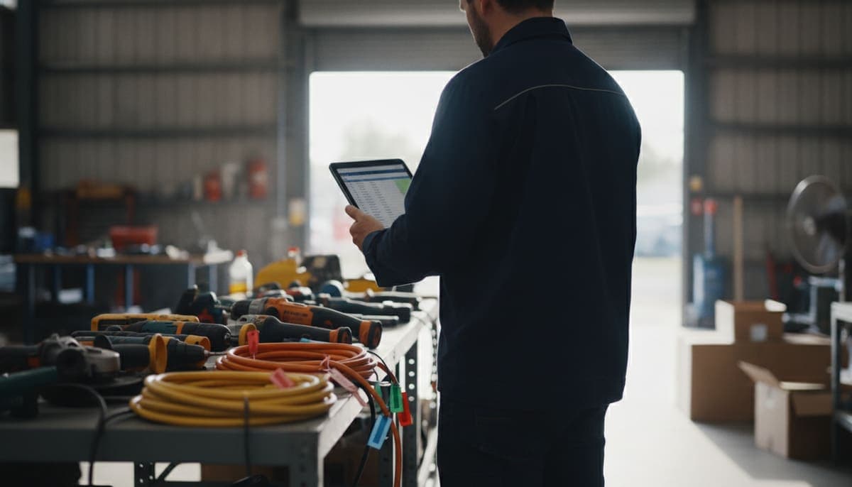 A test and tag technician seen from behind, checking an equipment register on a tablet beside a workbench of power tools and tagged extension leads