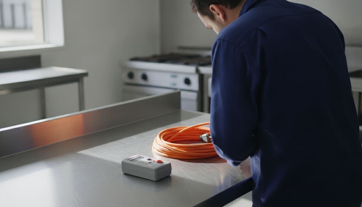 Technician in a navy work shirt inspecting a coiled orange extension lead beside a handheld appliance tester on a stainless steel bench in a commercial kitchen