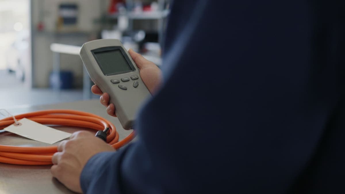 Over-the-shoulder view of a technician holding a handheld appliance tester beside a coiled orange extension lead with a blank tag on a workshop bench
