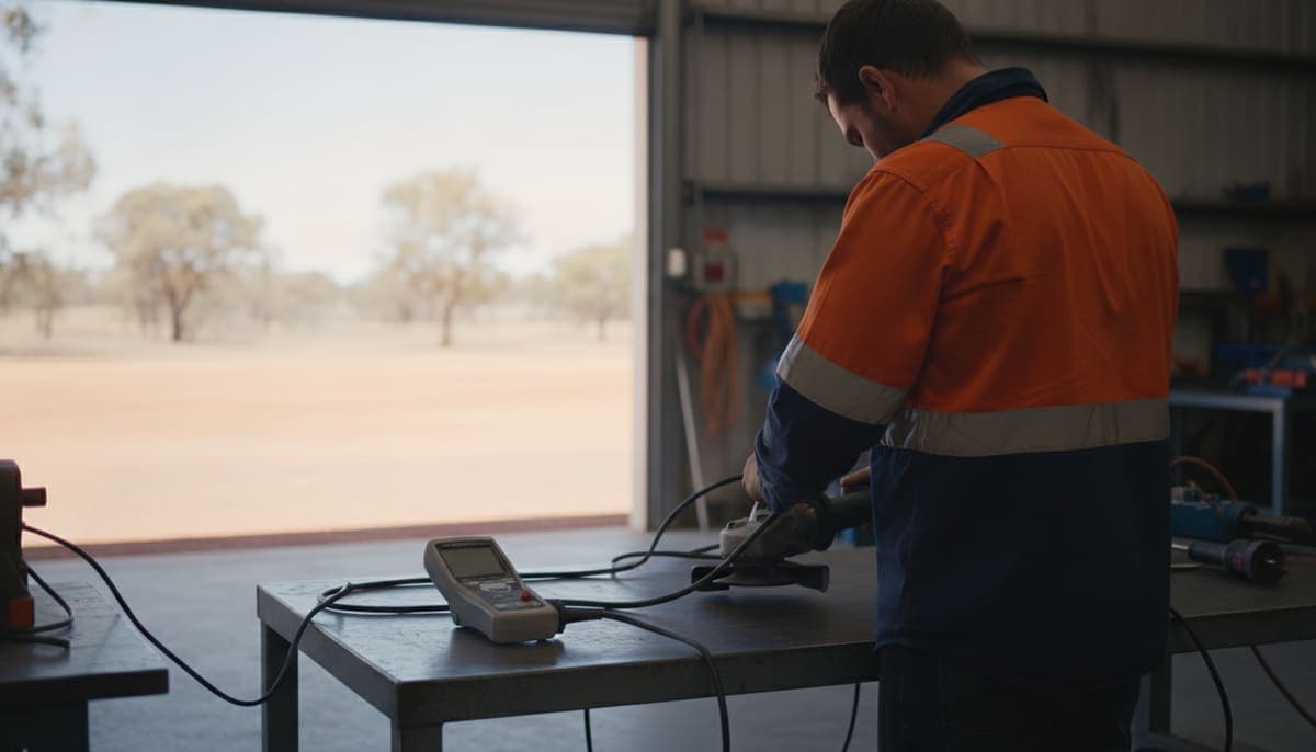 Technician in a hi-vis shirt checking an angle grinder's power cord beside a handheld appliance tester on a steel workbench in a sunlit workshop