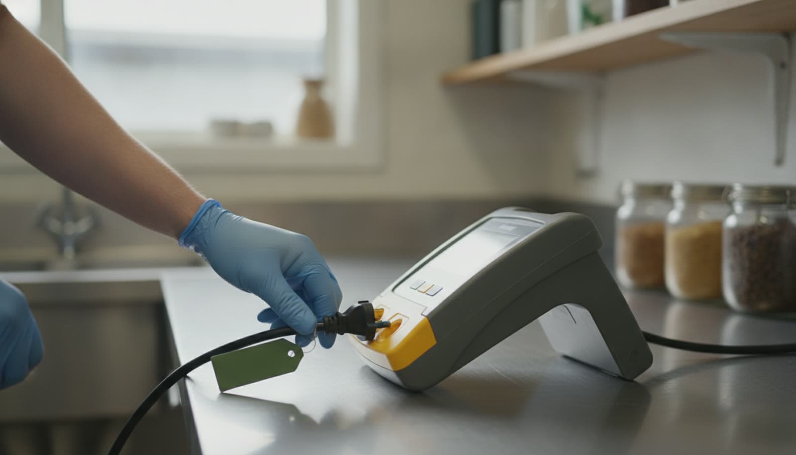 A technician plugging a kettle lead into a portable appliance tester