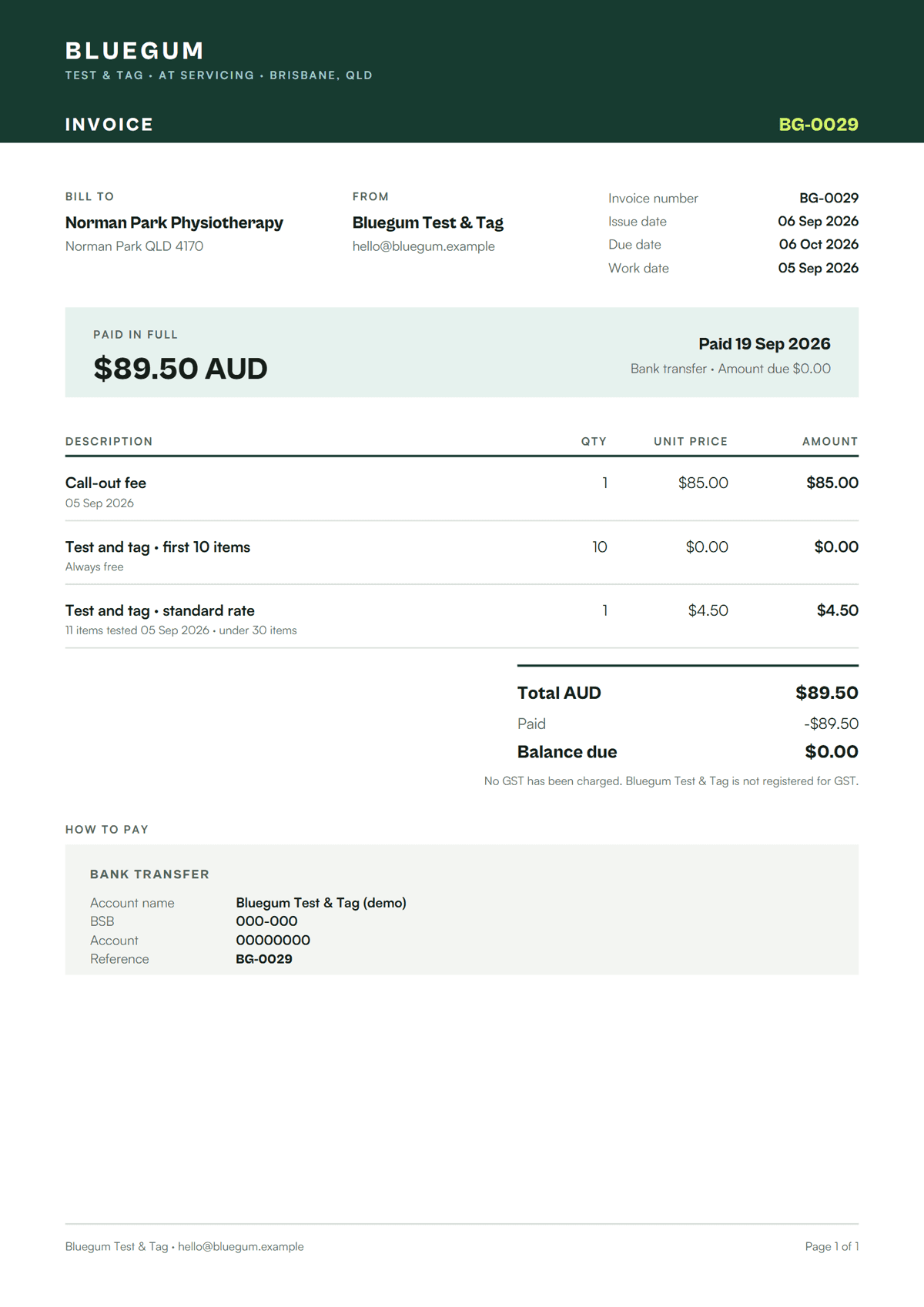Sample Koalaris invoice PDF with line items, totals, paid in full panel and bank transfer details