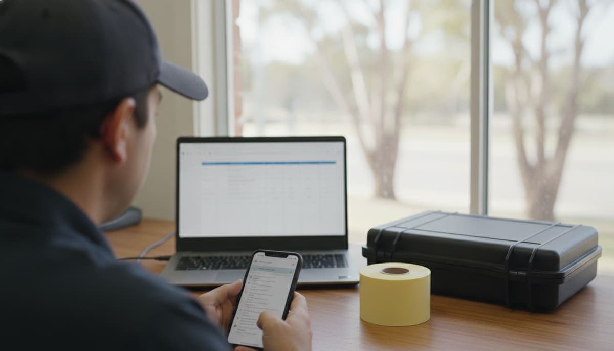 Over the shoulder of a technician in a cap checking a register on a phone, with a laptop, a tester case and a roll of blank tags on a desk by a window with gum trees outside