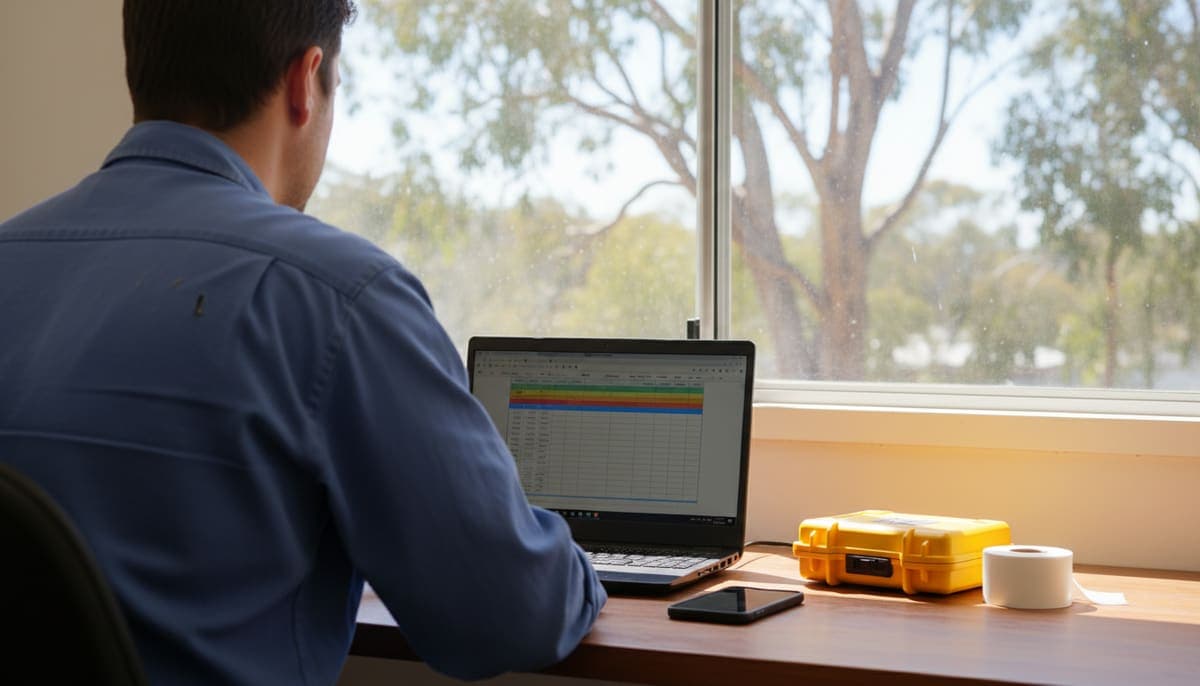 A technician seen from behind at a desk by a window with gum trees outside, working on a laptop beside a phone, a yellow tester case and a roll of blank tags