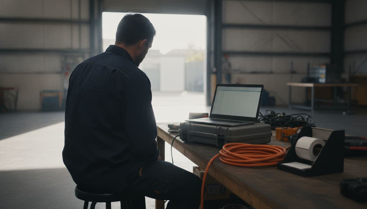 A test and tag technician seen from behind at a workshop bench by an open roller door, reviewing a spreadsheet on a laptop that rests on a tester case, beside a coiled orange extension lead and a roll of blank tags