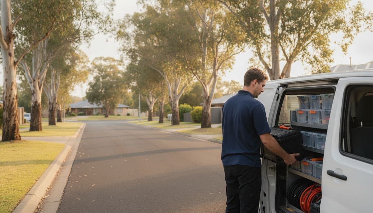 A test and tag technician loading a hard-cased appliance tester into the side door of a white van on a suburban street