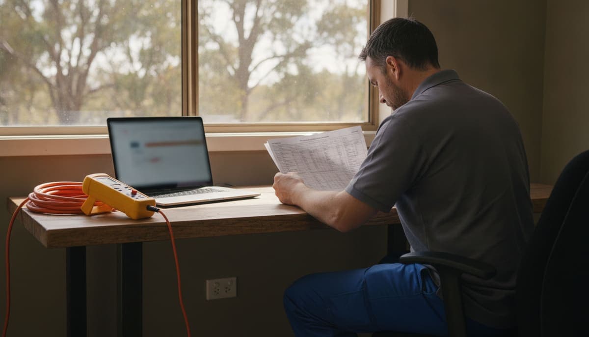 A test and tag technician seen from the side at a desk by a window, reading a printed test report beside a laptop, a yellow appliance tester and a coiled orange extension lead
