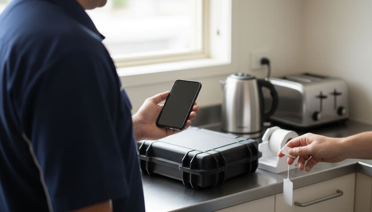 A test and tag technician in a navy polo holds out a phone in an office kitchenette, beside a cased appliance tester, a kettle, a toaster and a client's hand holding a blank tag