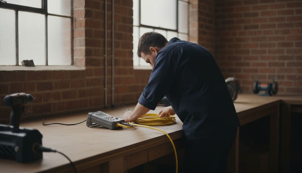 Technician in a navy work shirt coiling a yellow extension lead beside a handheld appliance tester on a timber workbench in a brick workshop