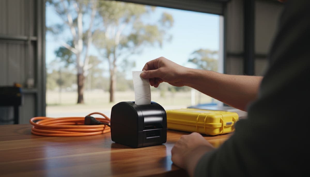 A technician tearing a freshly printed tag from a small black label printer on a timber workbench, beside an orange extension lead and a yellow tester case, with gum trees outside the open roller door