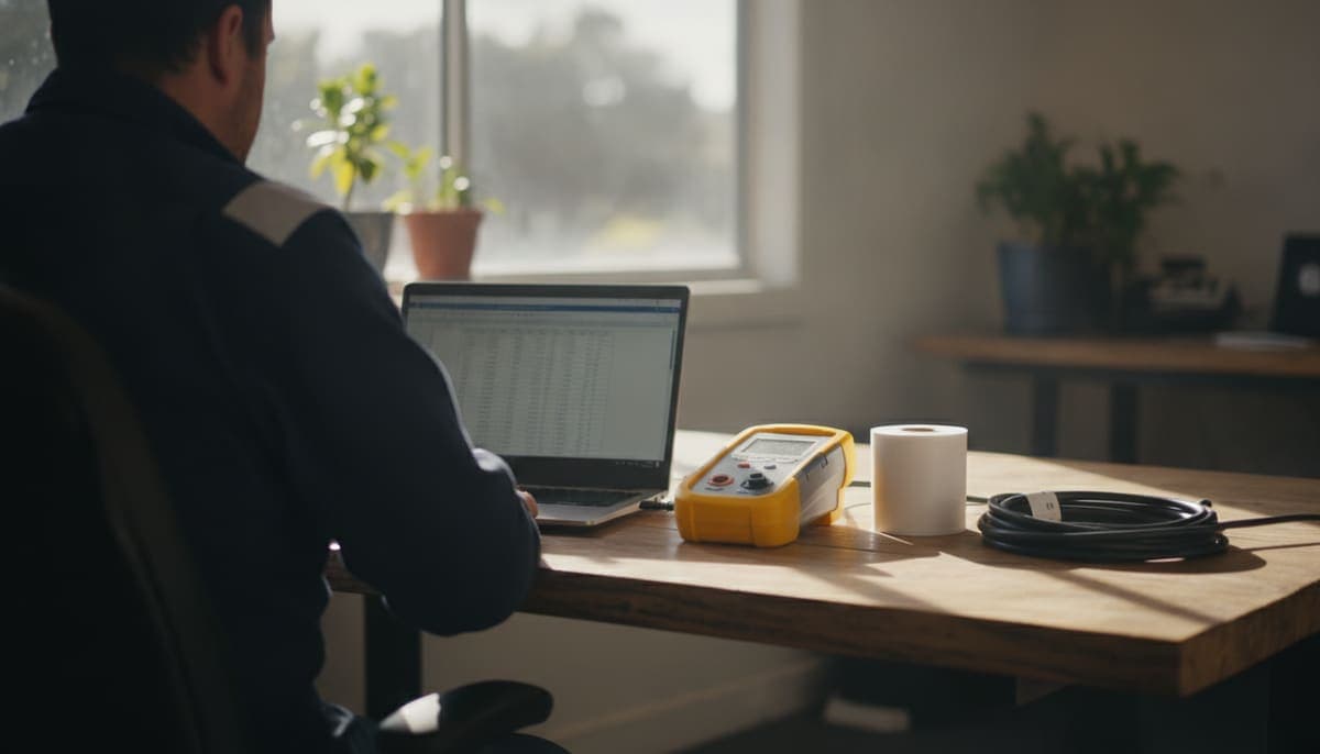 A test and tag technician seen from behind at an office desk, reviewing an equipment register on a laptop beside an appliance tester, a roll of test tags and a coiled extension lead