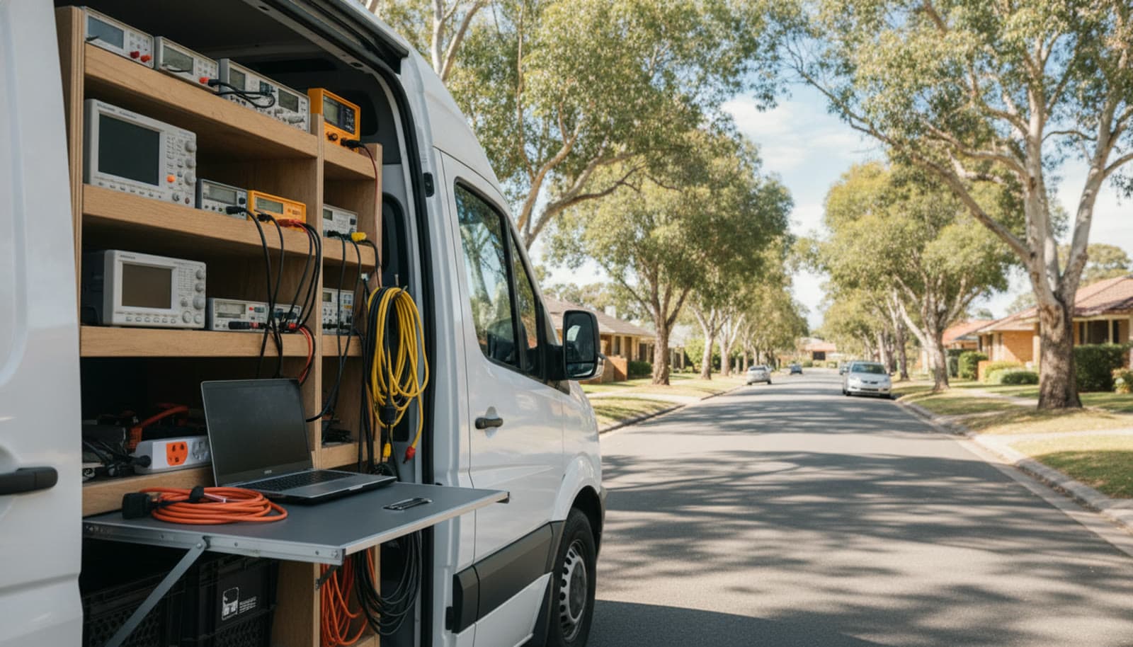 A work van with test equipment on a suburban Australian street