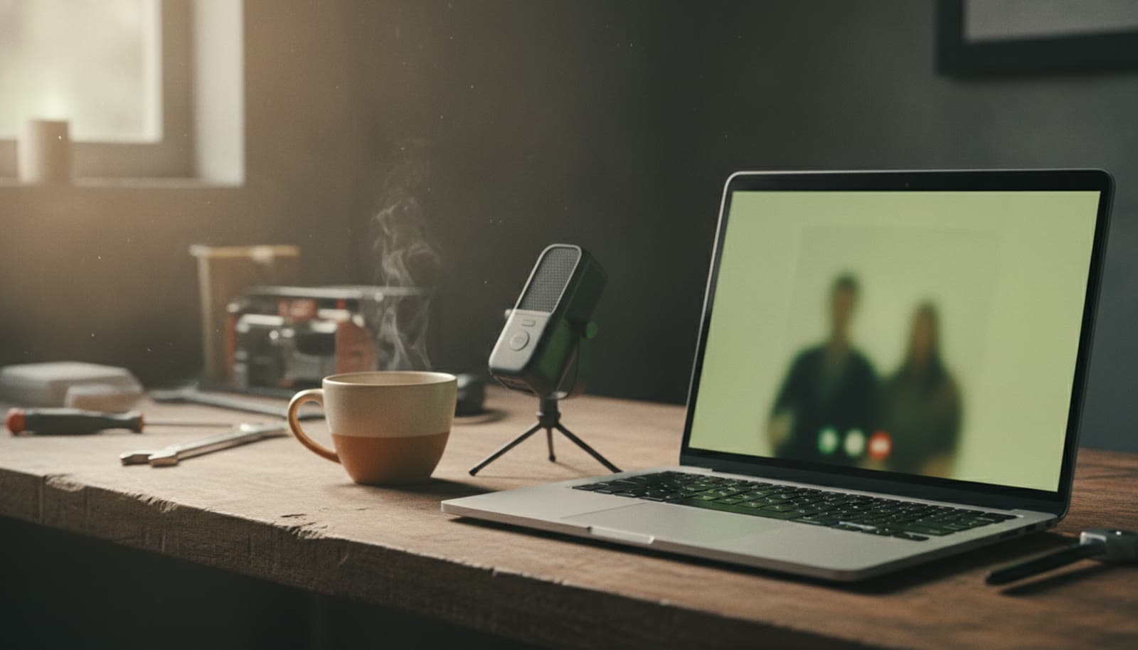 A laptop on a workbench set up for a video call