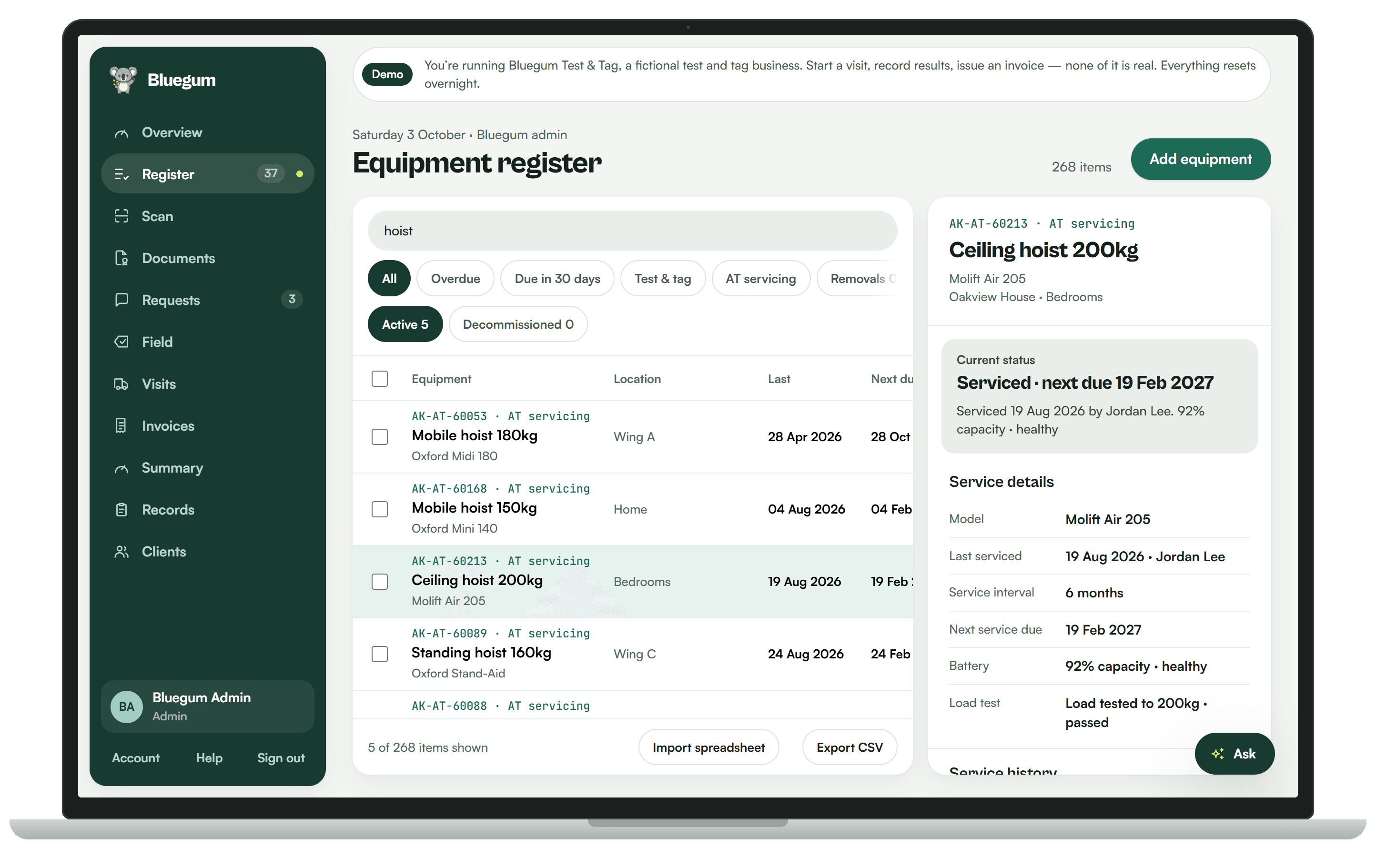 The register showing a ceiling hoist's service, battery and load test history