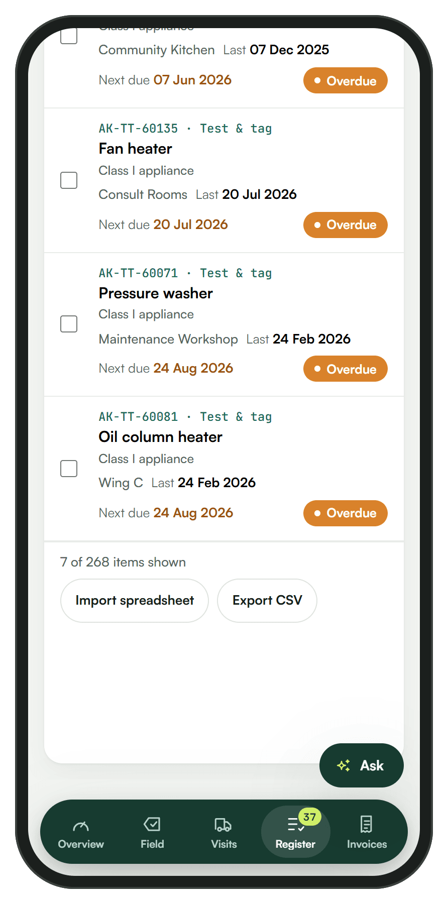 The register on a phone, filtered to overdue items