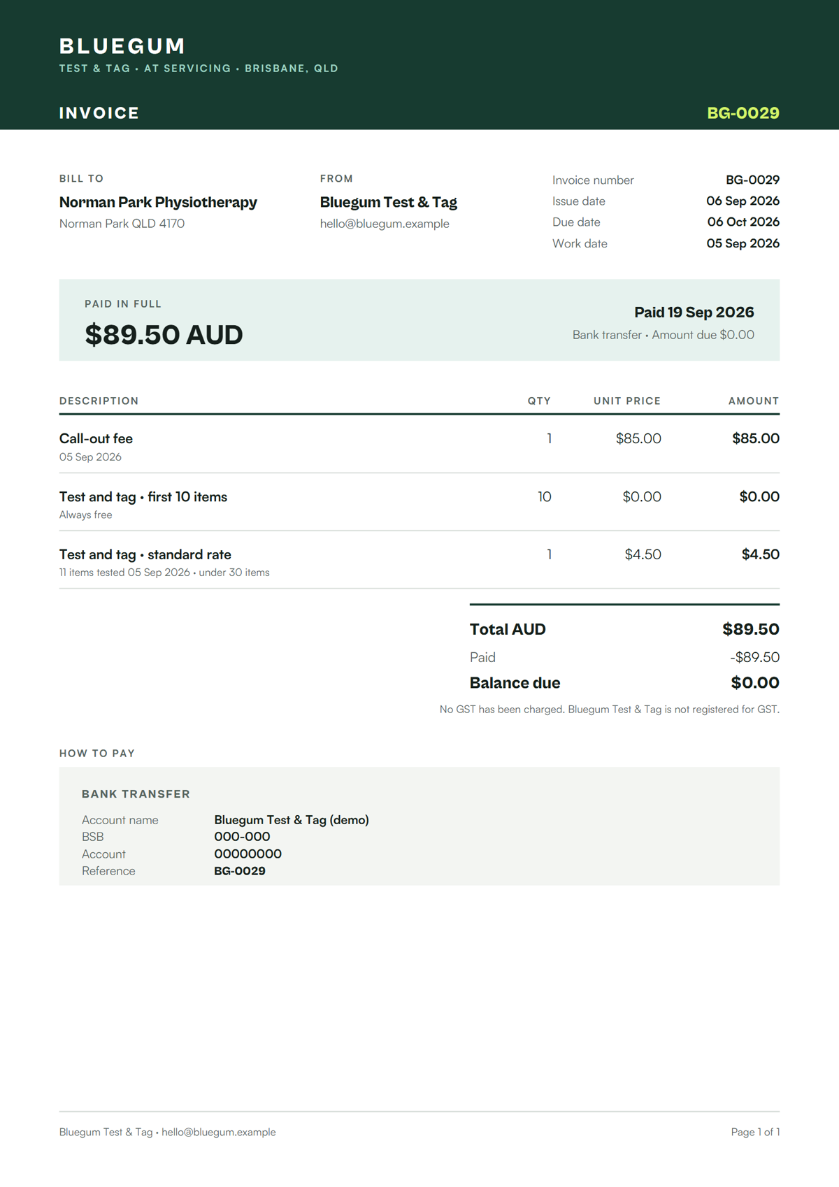 A sample Koalaris invoice PDF: bill to, invoice number and dates, a paid in full panel, line items, totals and bank transfer details
